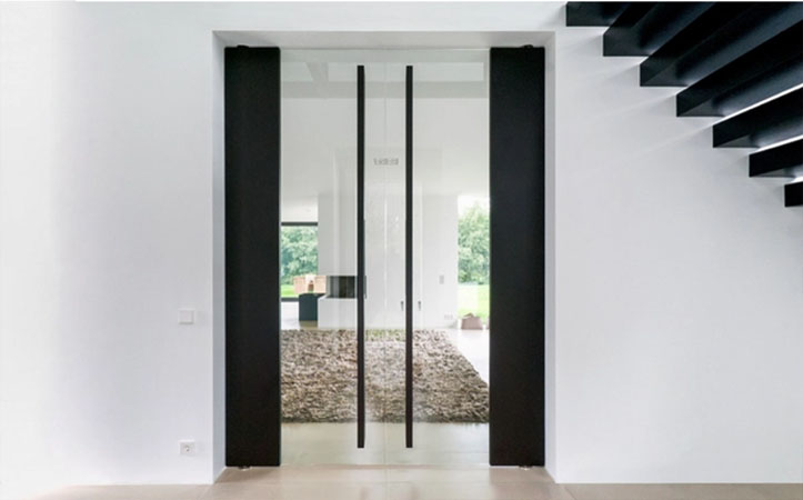 Clear Toughed Glass Hinged Door With Black Long Decorative Handles